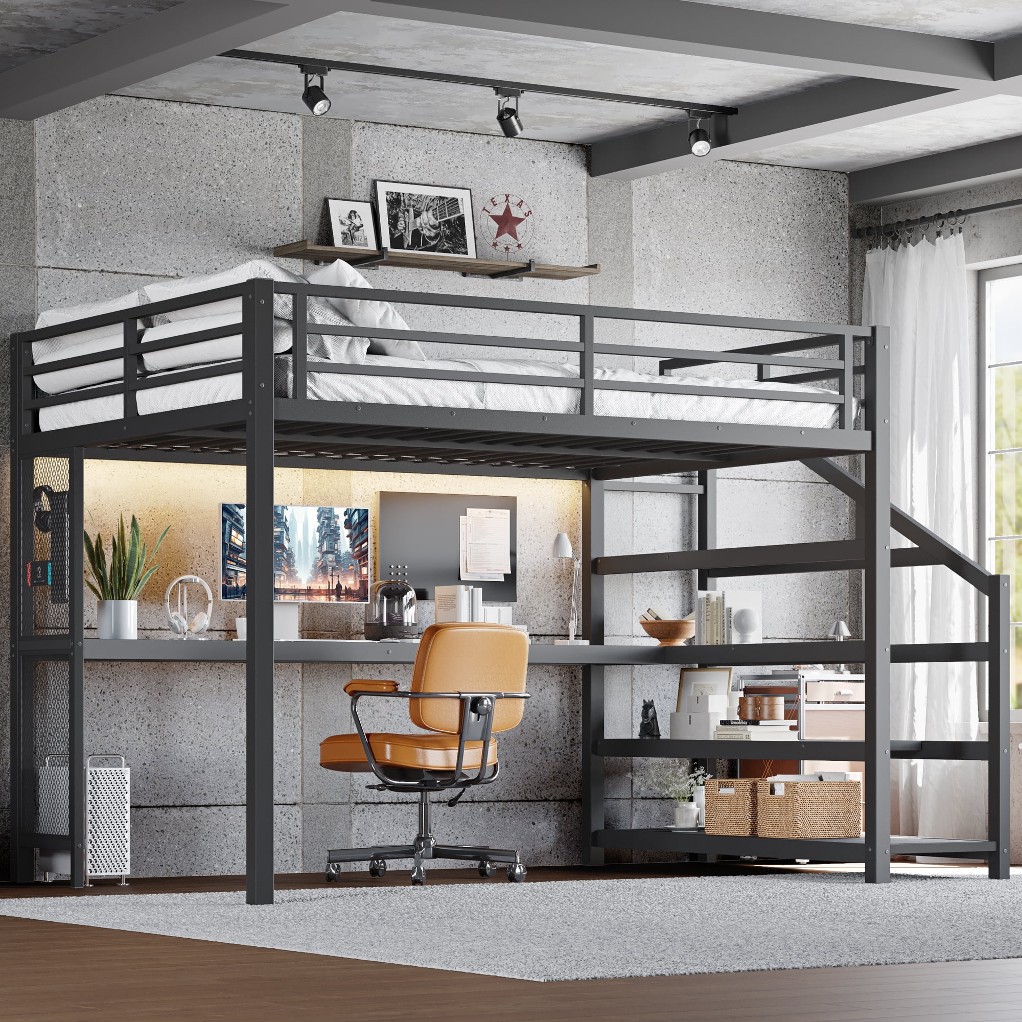 Aukfa Queen Size Metal Loft Bed with Desk and Storage Stairs, Heavy-Duty Bed Frame with USB Ports & LED Lights for Teens, Kids & Adults, Black