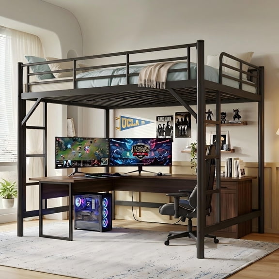 Aukfa Queen Size Metal Loft Bed with Dual Ladders, Gaming Loft Bed Frame with Anti-Tip Device for Teens, Adults & Dorm Bedroom, Black