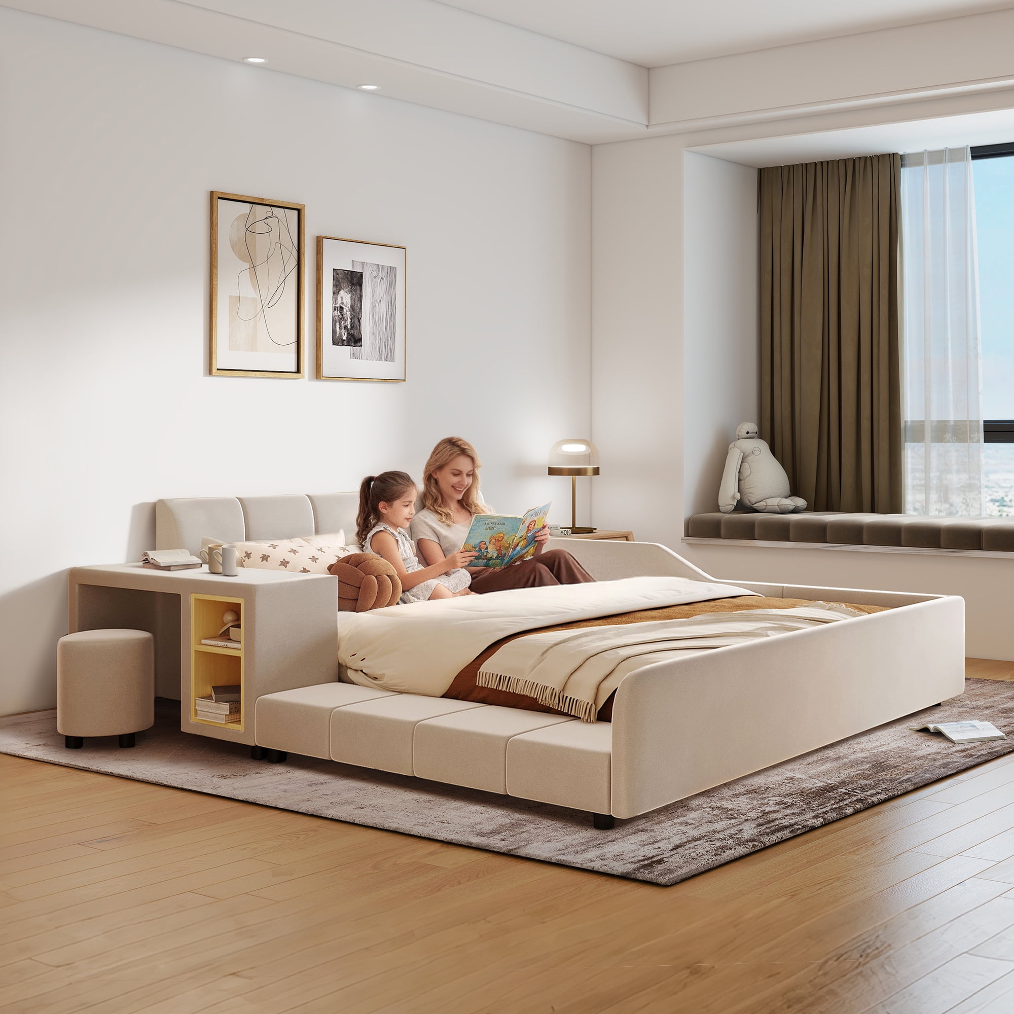 Aukfa Queen Size Mother & Child Bed Frame, Velvet Upholstered Platform Bed with Bedside Desk & Stool, Grounded Design, Beige