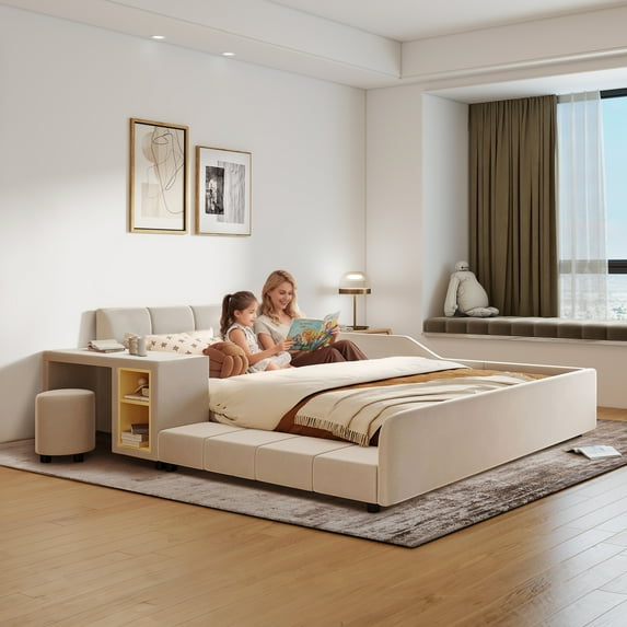 Aukfa Queen Size Mother & Child Bed Frame, Velvet Upholstered Platform Bed with Bedside Desk & Stool, Grounded Design, Beige