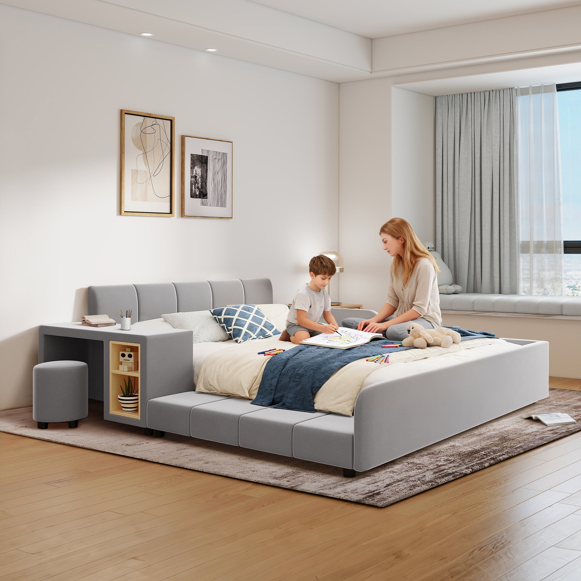 Aukfa Queen Size Mother & Child Bed Frame, Velvet Upholstered Platform Bed with Bedside Desk & Stool, Grounded Design, Gray