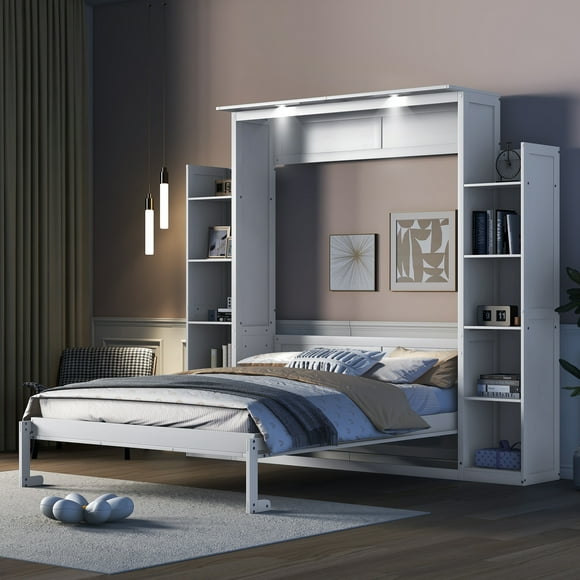 Aukfa Queen Size Murphy Bed with 5-Tier Storage Shelf & LED Lights, Foldable Wall Bed Cabinet with Mattress Support, Space-Saving Design for Guest Room/Home Office, White