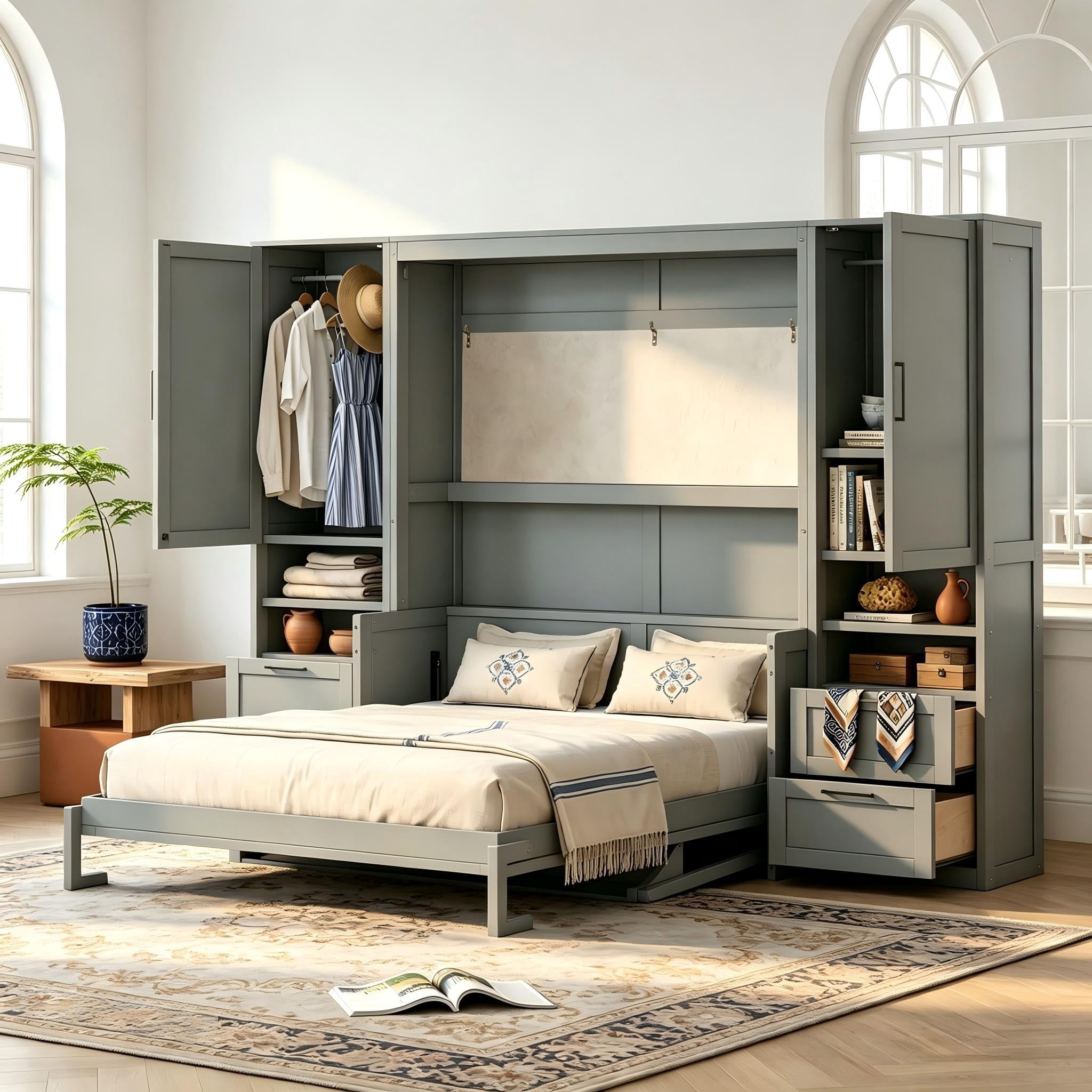 Aukfa Queen Size Murphy Bed with Closet, Desk, Drawers & Shelves, Space-Saving Wall Bed Cabinet for Small Spaces, Studio, Home Office & Guest Room, Gray