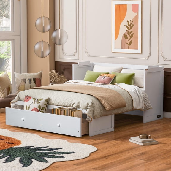 Aukfa Queen Size Murphy Bed with Charging Station, Cabinet Bed with Storage Drawers for Home/Office/Small Room, Queen Foldable Platform Bed, White
