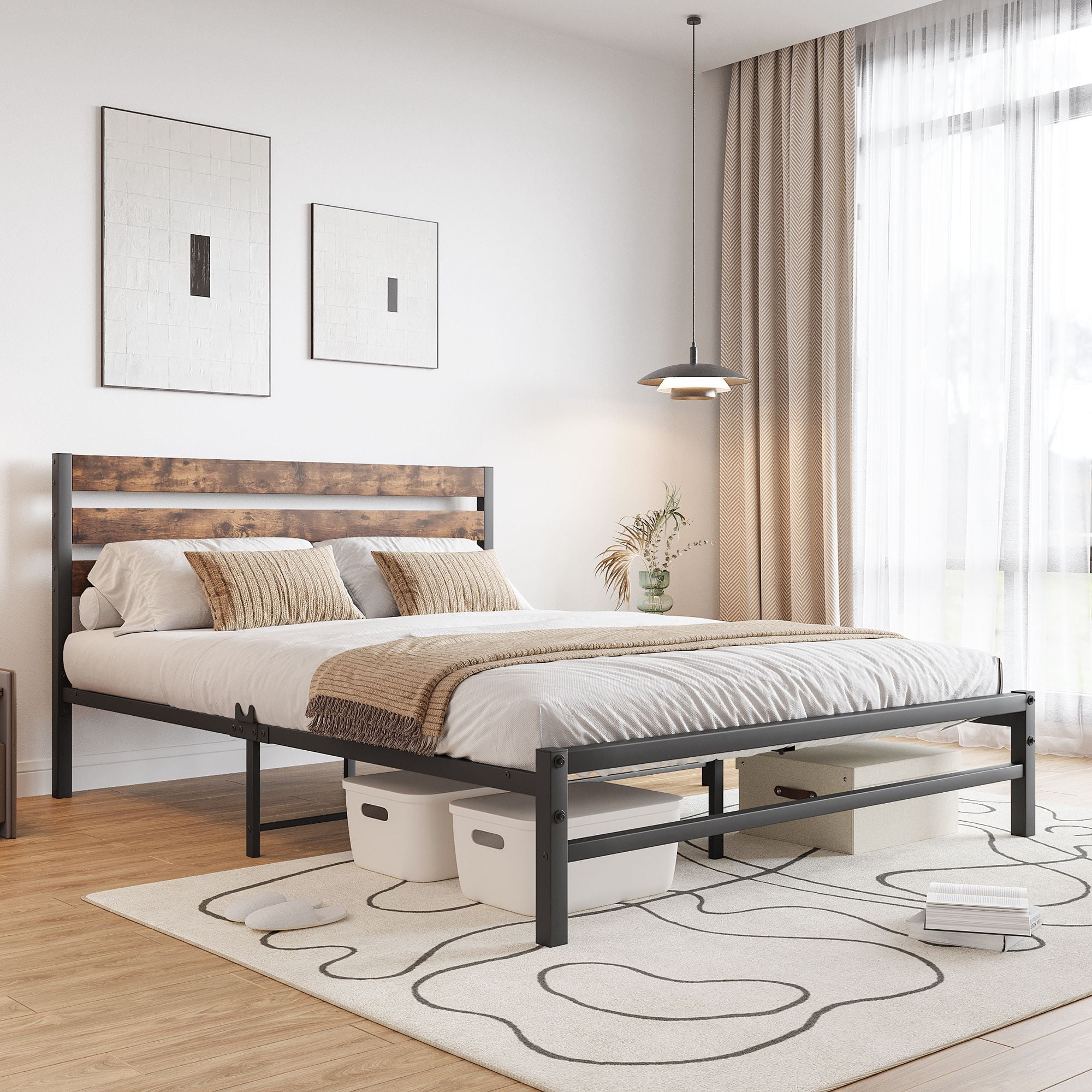 Aukfa Queen Size Platform Bed, Metal Bed Frame with Wood Headboard, Rustic Brown