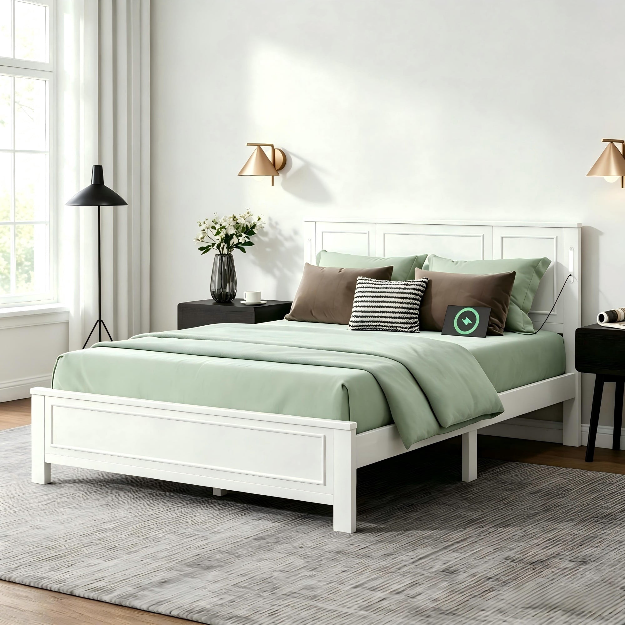 Aukfa Queen Size Solid Wood Bed Frame with LED Headboard, USB & Type-C Charging Station, Farmhouse Platform Bed with Pinewood Slat Support, White
