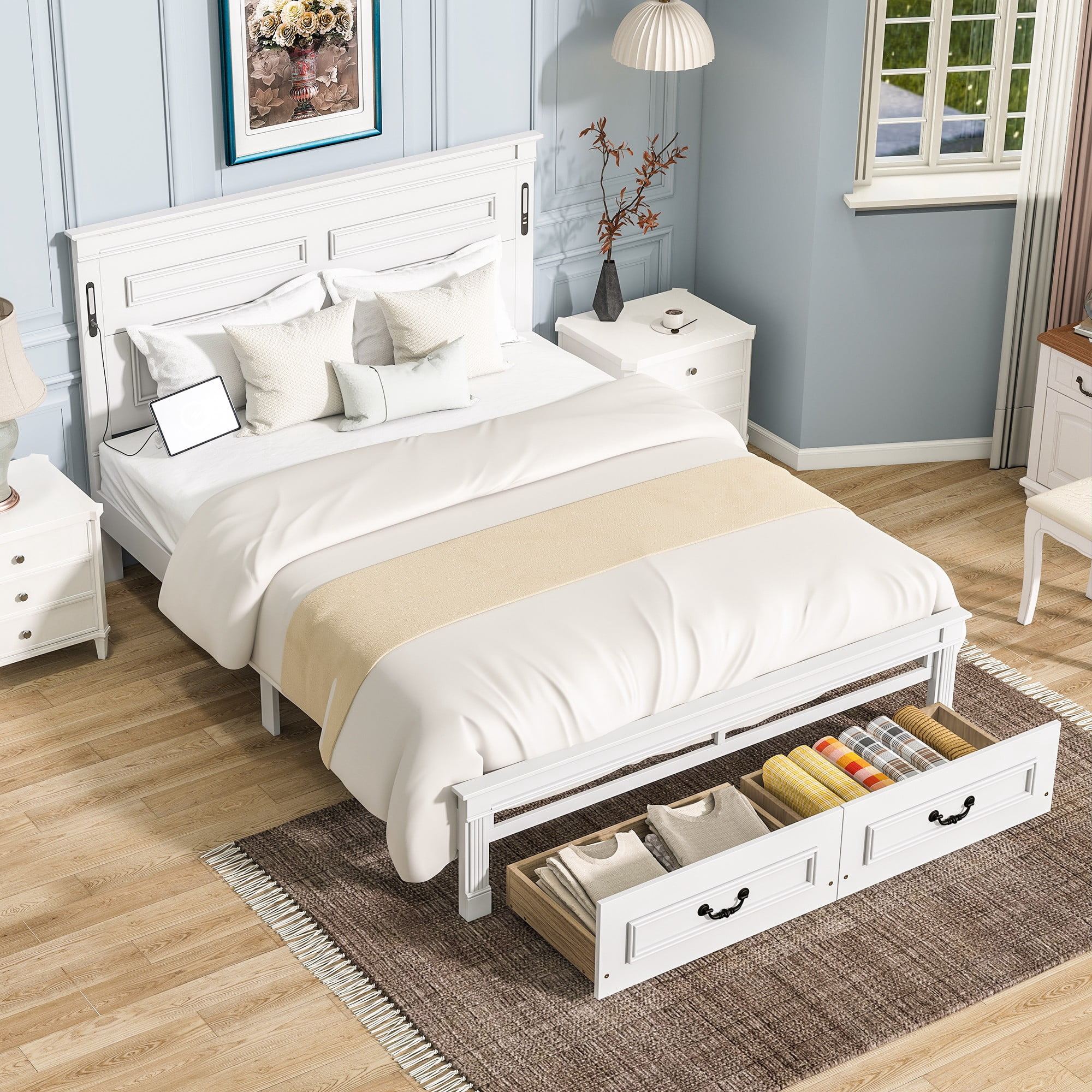 Aukfa Queen Size Storage Bed Frame with 46" Tall LED Headboard, USB & Type-C Charging Station, Farmhouse Solid Wood Platform Bed with Drawers, White