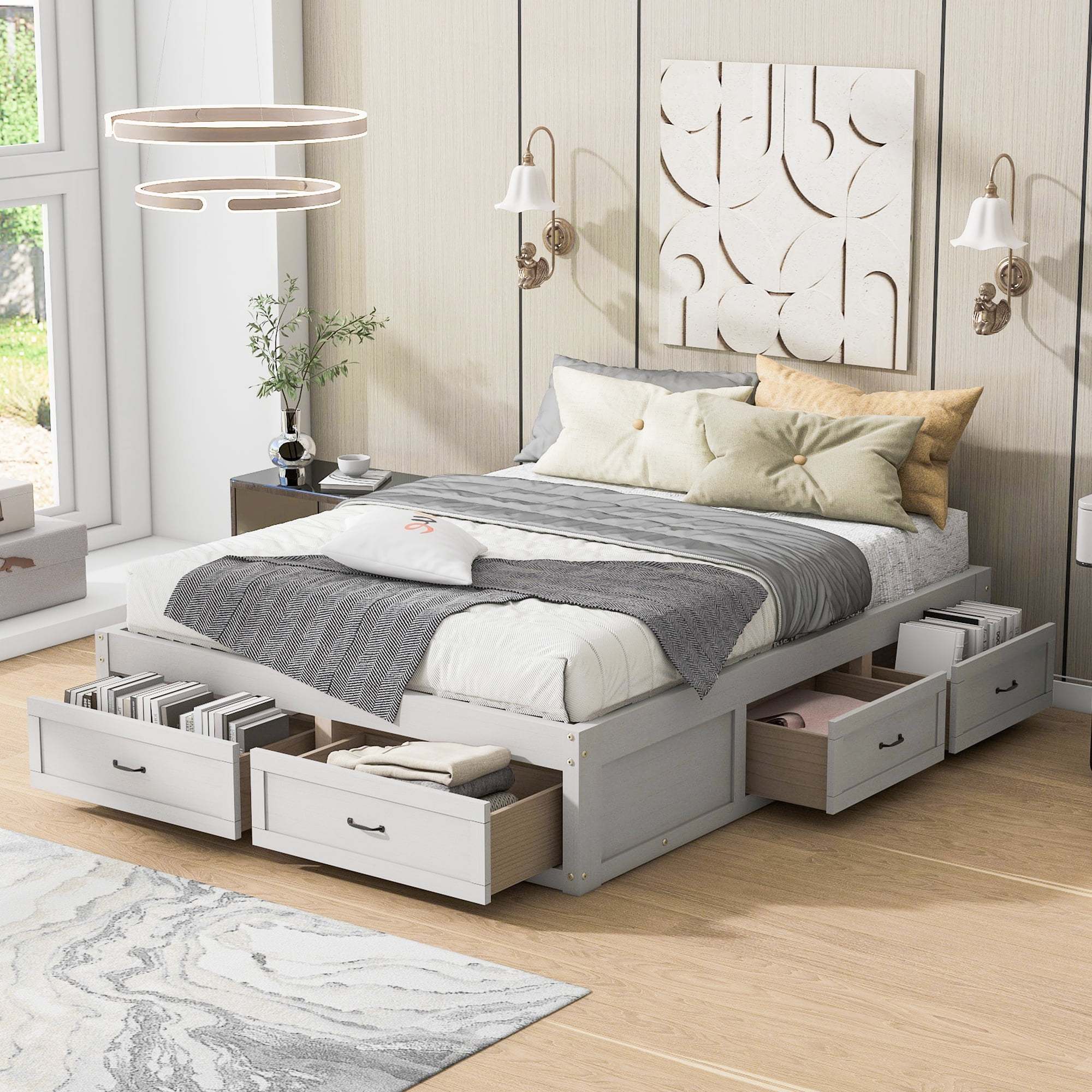 Aukfa Queen Size Storage Platform Bed with 6 Drawers, Farmhouse Captain Bed Frame, Antique White