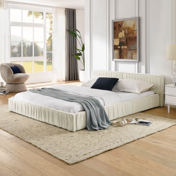 Aukfa Queen Size Upholstered Bed Frame, Low Profile Grounded Bed, Chenille Fabric Pleated Design Platform Bed, Beige
