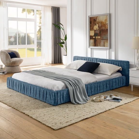 Aukfa Queen Size Upholstered Bed Frame, Low Profile Grounded Bed, Chenille Fabric Pleated Design Platform Bed, Blue