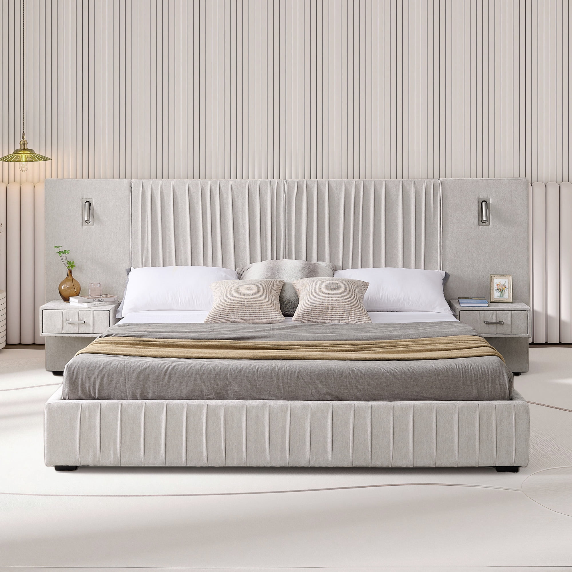 Aukfa Queen Size Upholstered Bed Frame with LED Lights and Built-In Nightstands, Oversized Wingback Headboard, Beige
