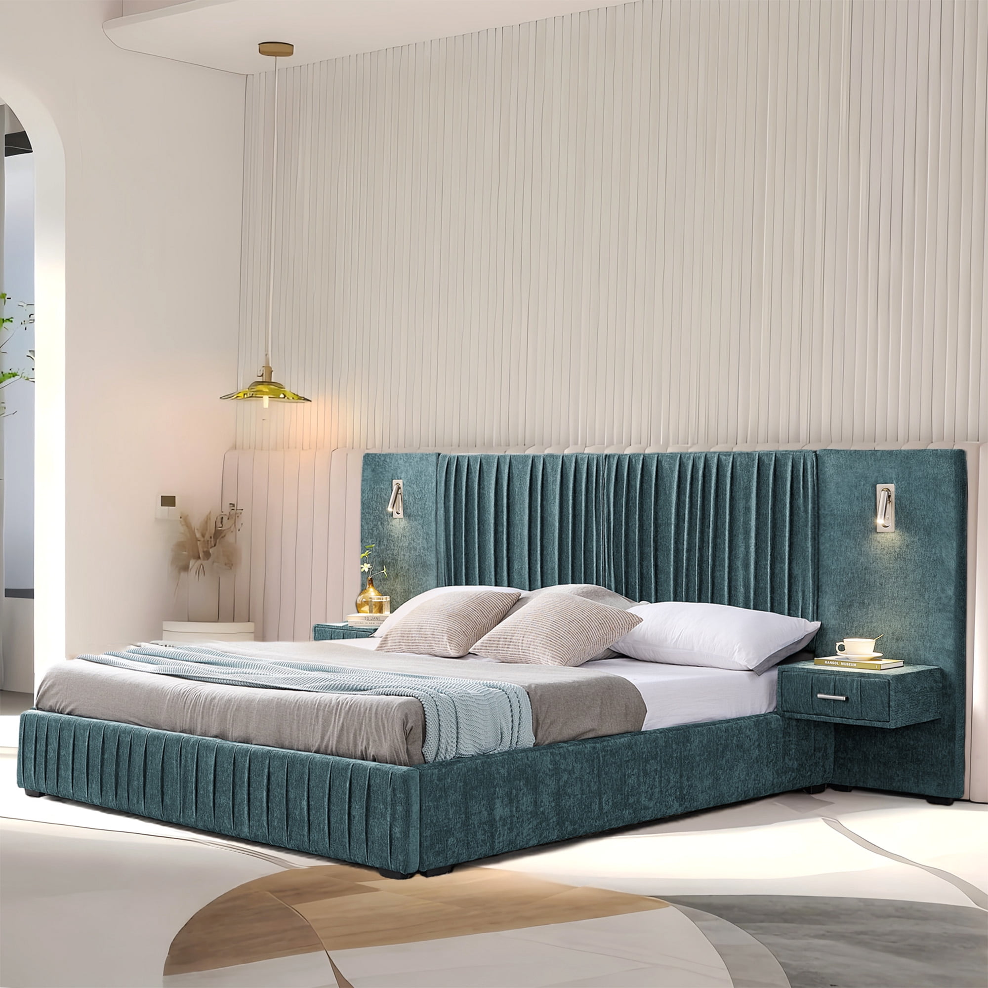 Aukfa Queen Size Upholstered Bed Frame with LED Lights and Built-In Nightstands, Oversized Wingback Headboard, Blue
