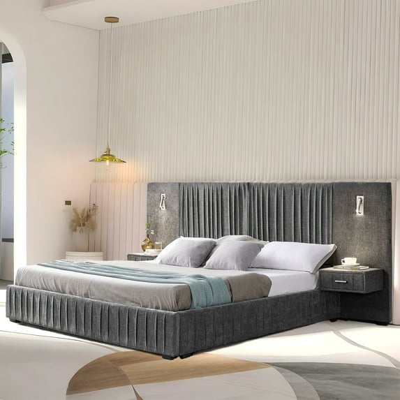 Aukfa Queen Size Upholstered Bed Frame with LED Lights and Built-In Nightstands, Oversized Wingback Headboard, Dark Gray