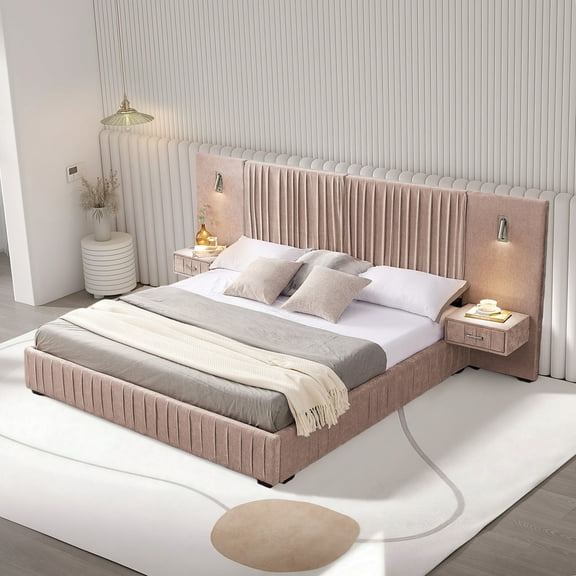 Aukfa Queen Size Upholstered Bed Frame with LED Lights and Built-In Nightstands, Oversized Wingback Headboard, Pink