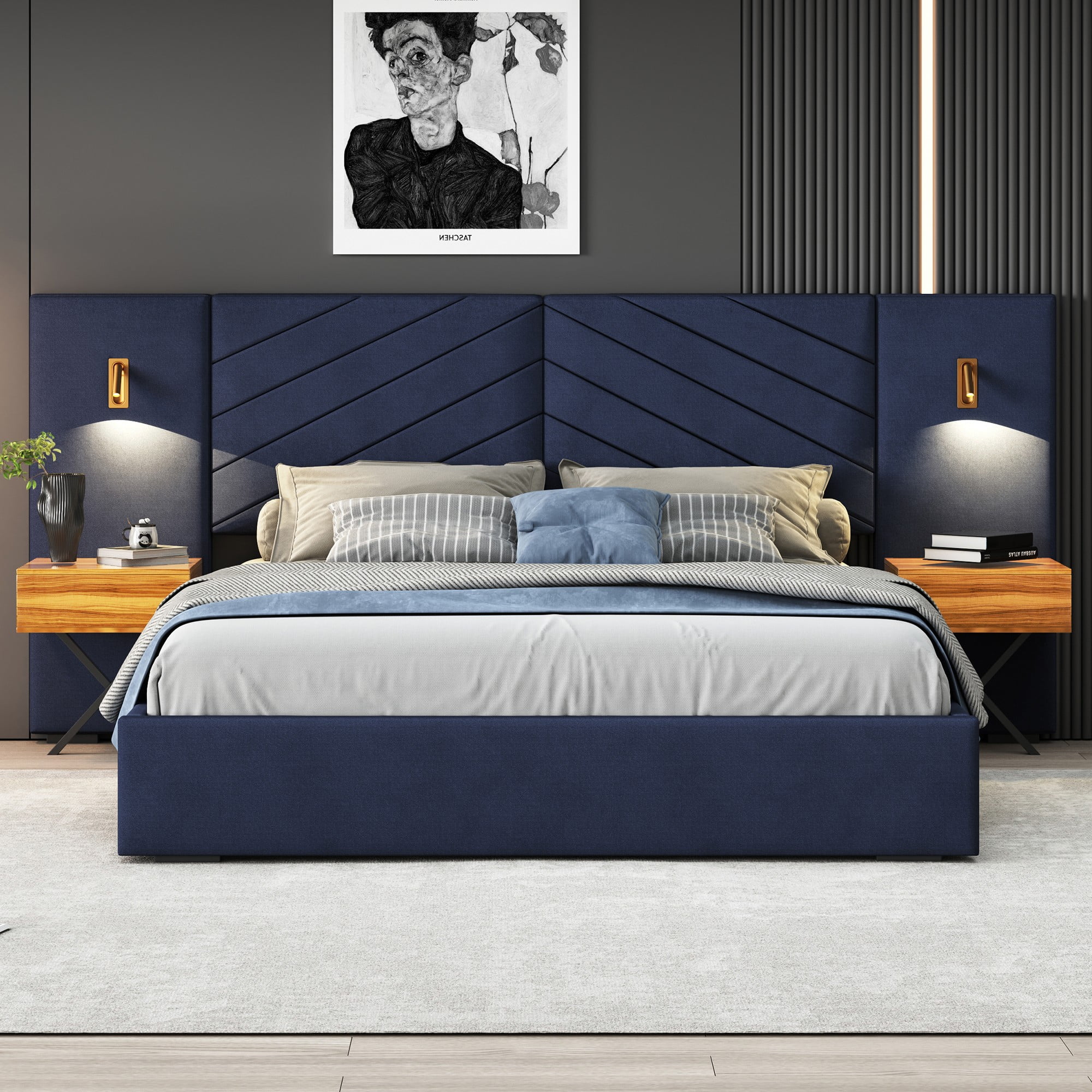 Aukfa Queen Size Upholstered Bed Frame with Nightstands and LED Lights, Platform Bed with Oversize Wingback Headboard, Blue