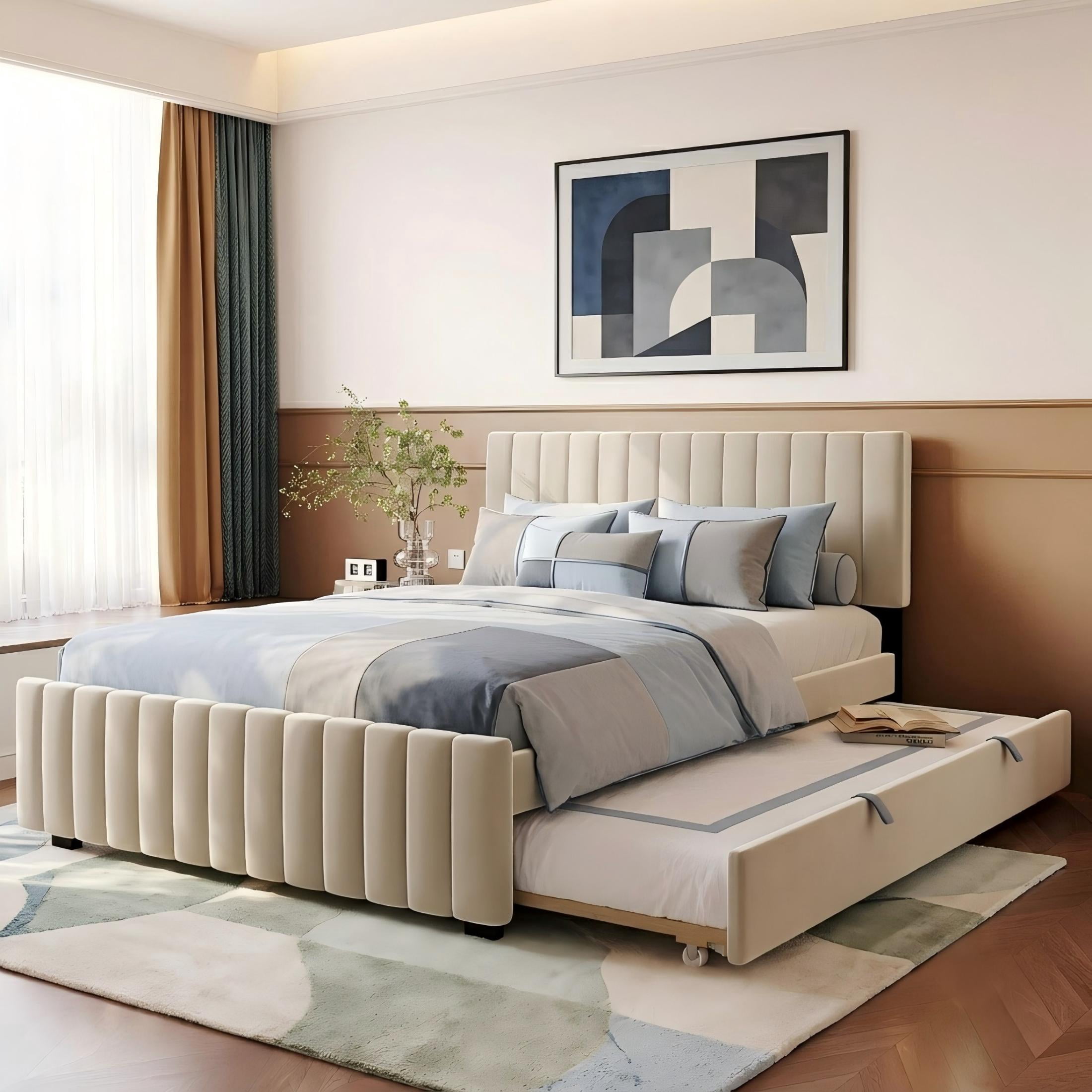 Aukfa Queen Size Upholstered Bed Frame with Twin XL Trundle, Velvet Tufted Headboard & Footboard, Beige