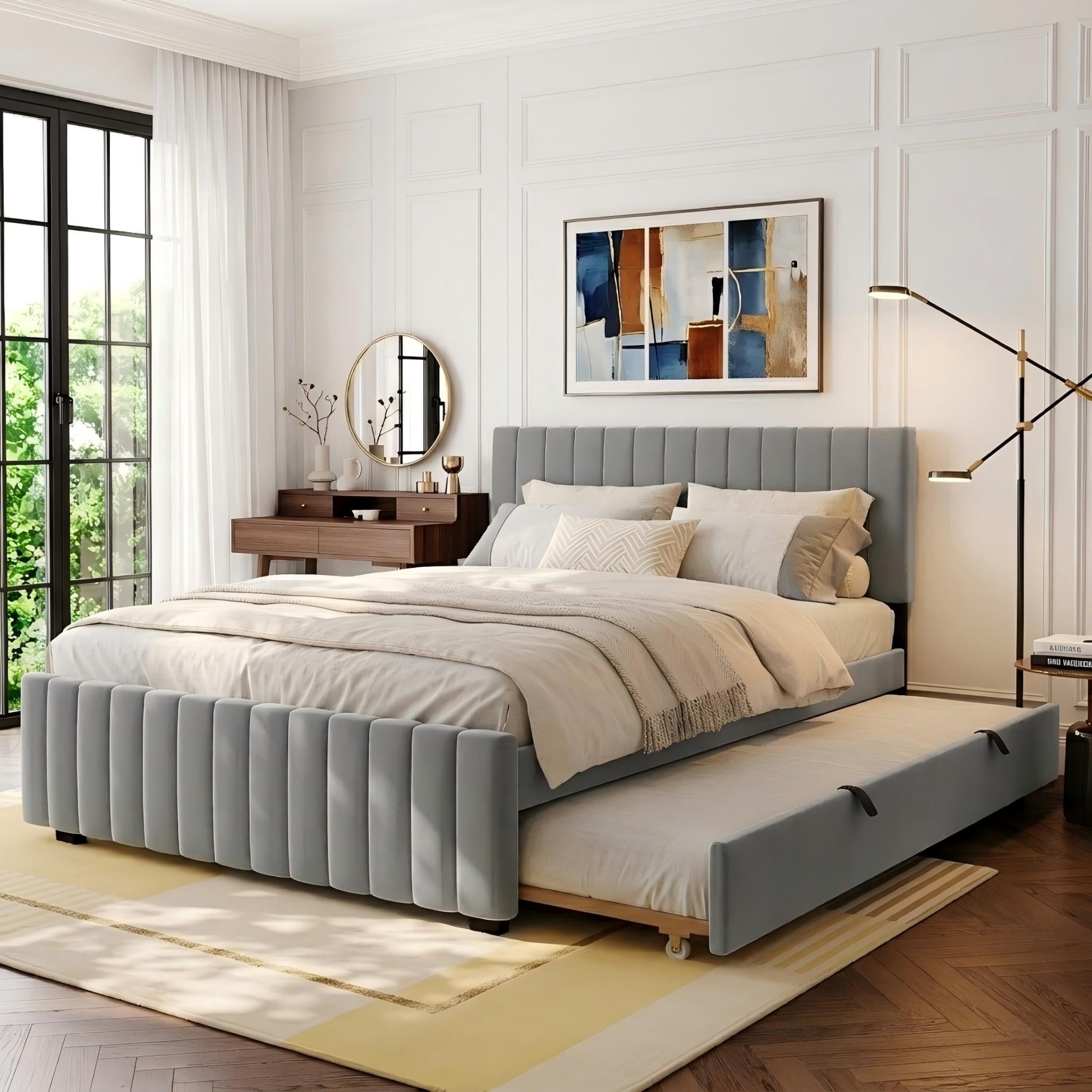 Aukfa Queen Size Upholstered Bed Frame with Twin XL Trundle, Velvet Tufted Headboard & Footboard, Gray