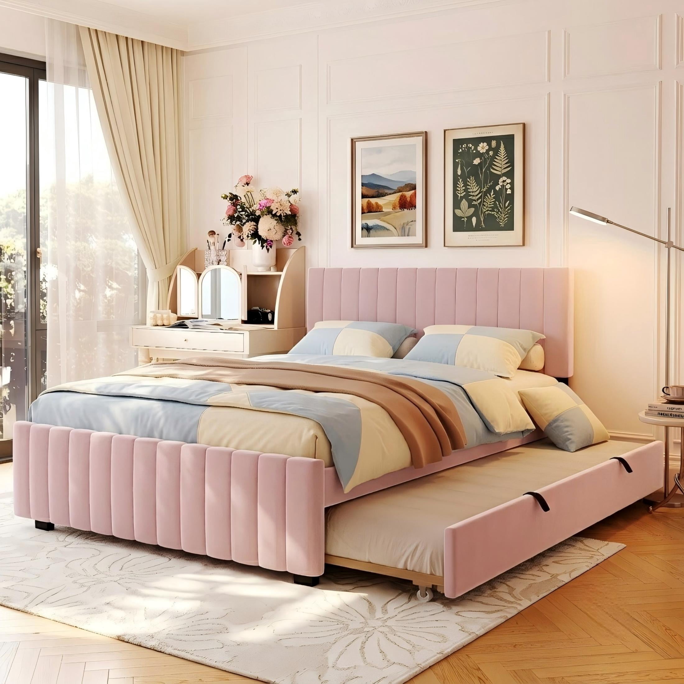 Aukfa Queen Size Upholstered Bed Frame with Twin XL Trundle, Velvet Tufted Headboard & Footboard, Pink
