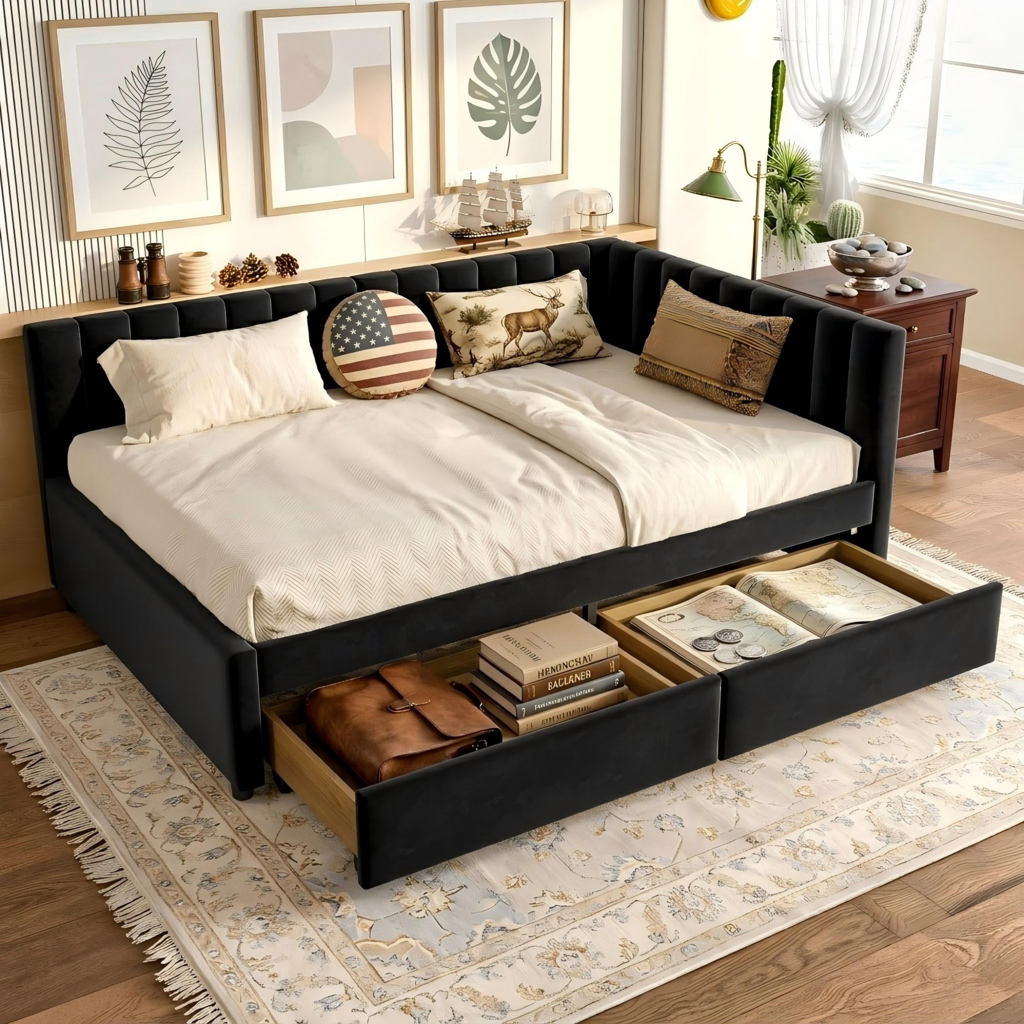 Aukfa Queen Size Upholstered Daybed with 2 Storage Drawers, L-Shaped Channel-Tufted Headboard, Black