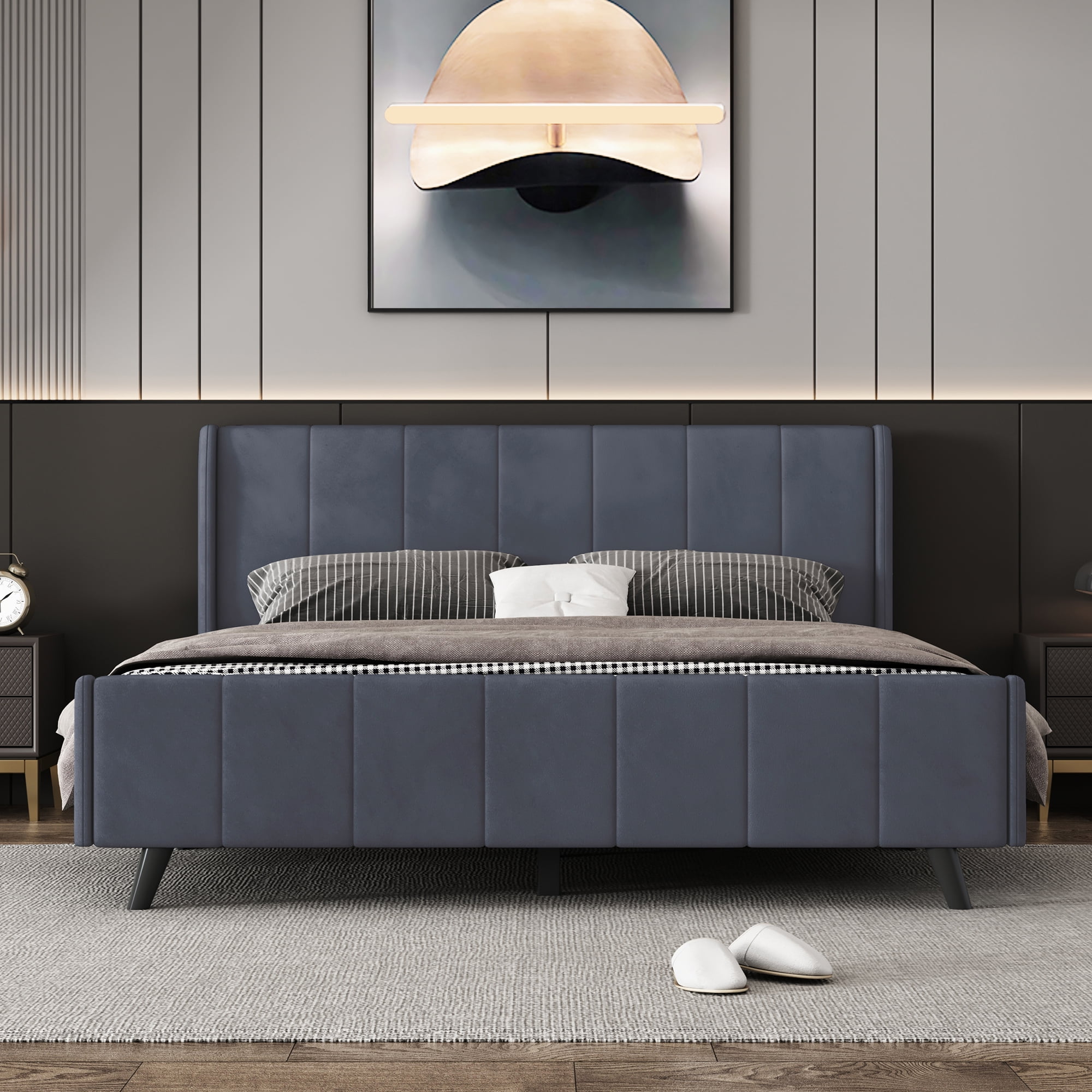 Aukfa Queen Size Upholstered Platform Bed, Velvet Vertical Stripe Bed Frame with Wingback Headboard, Gray