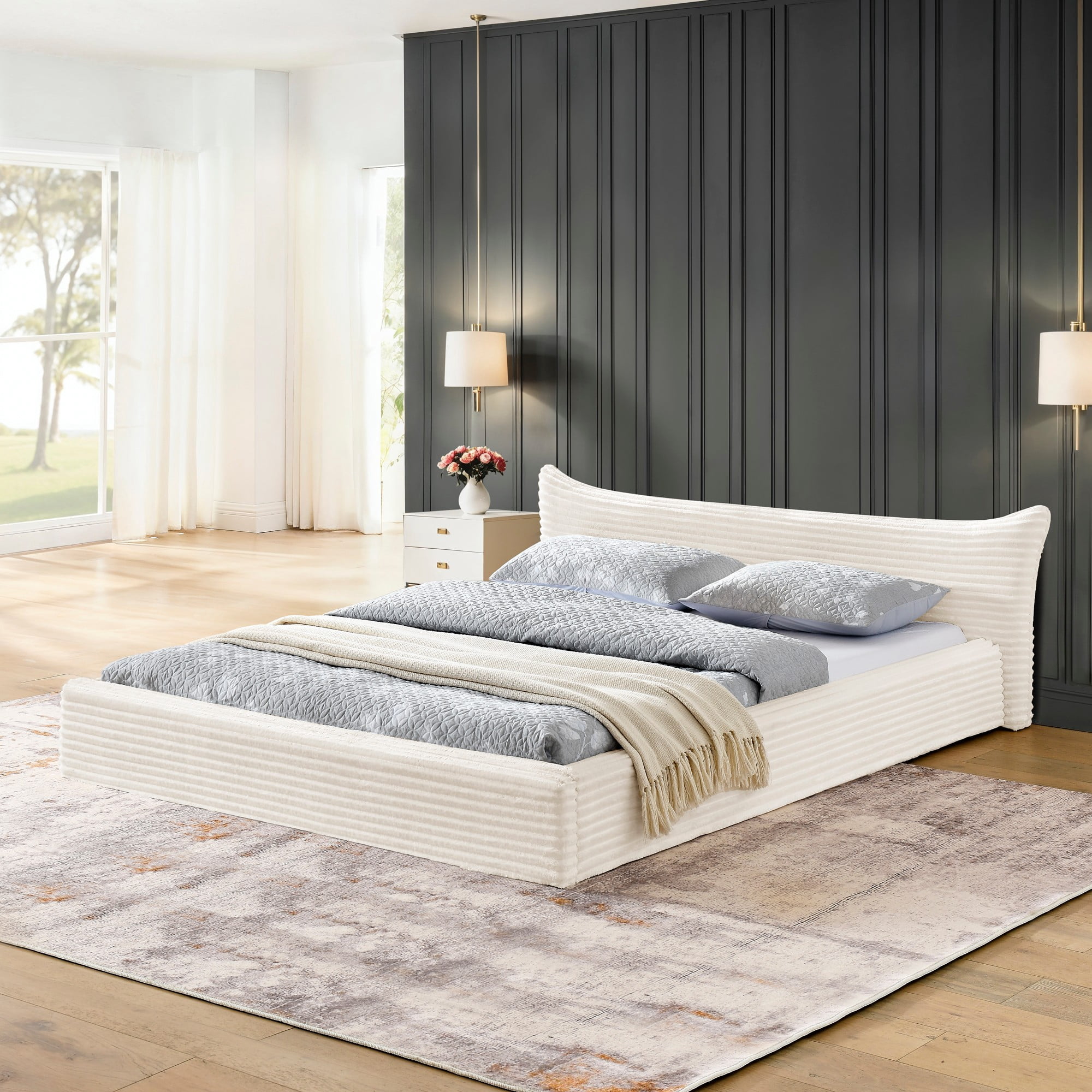 Aukfa Queen Size Upholstered Platform Bed with Curved Headboard, Velvet Fabric Low Profile Bed Frame, No Box Spring Needed, Beige