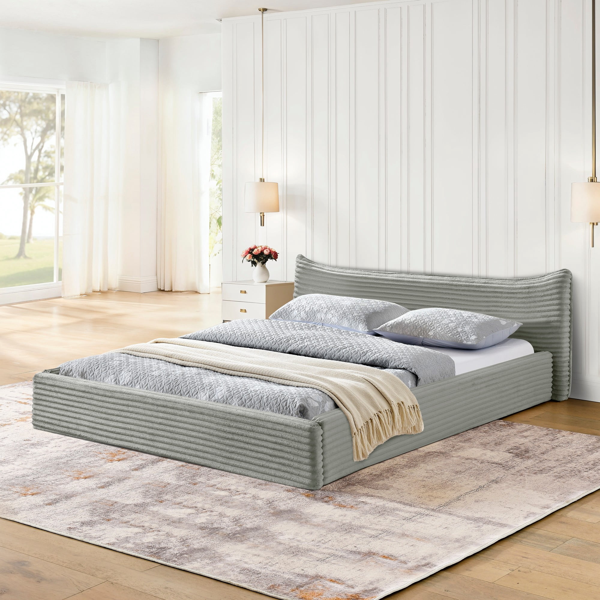 Aukfa Queen Size Upholstered Platform Bed with Curved Headboard, Velvet Fabric Low Profile Bed Frame, No Box Spring Needed, Gray