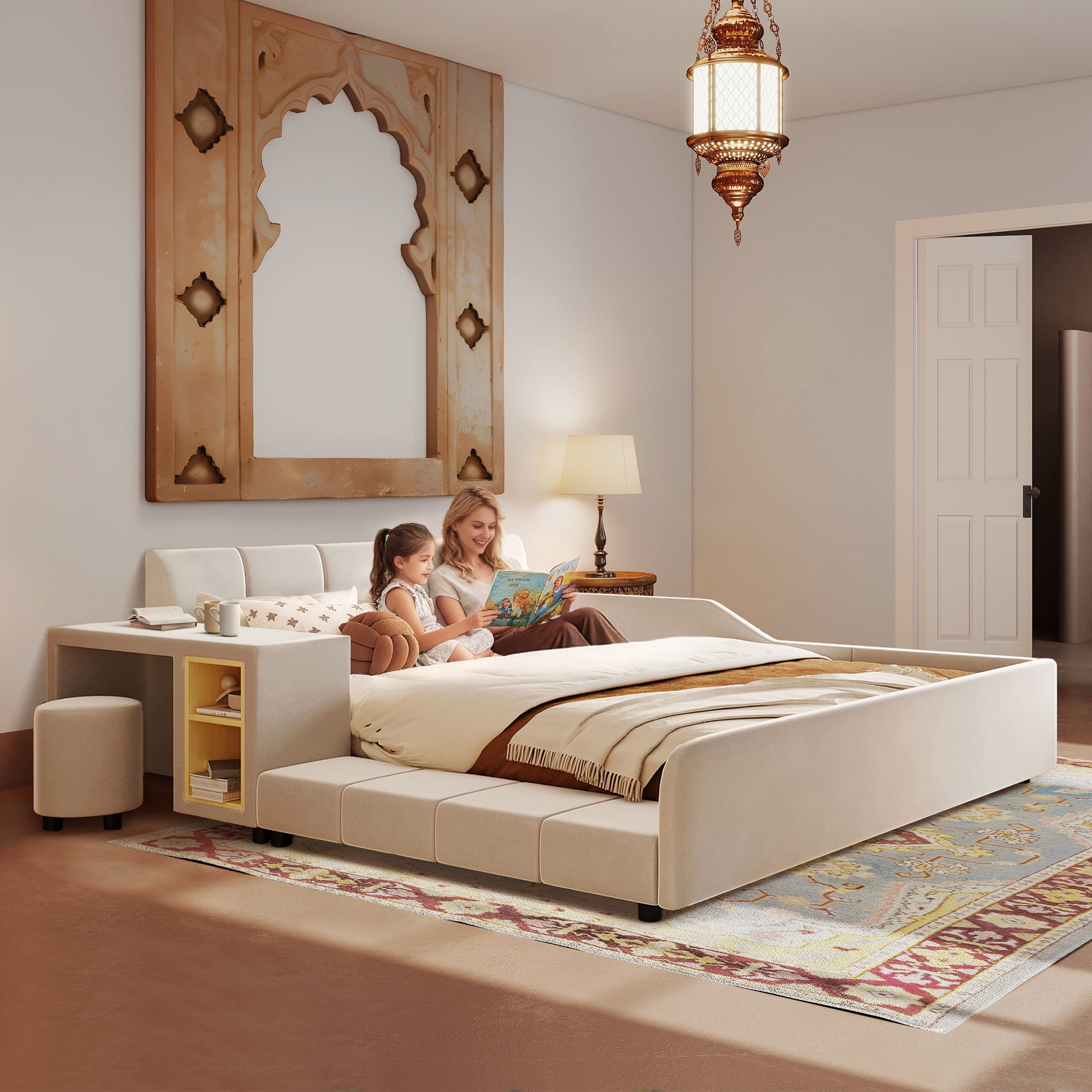Aukfa Queen Size Velvet Upholstered Mother & Child Bed Frame, Grounded Platform Bed with Bedside Desk & Round Stool, Floor Bed for Kids & Adults Bedroom, Beige