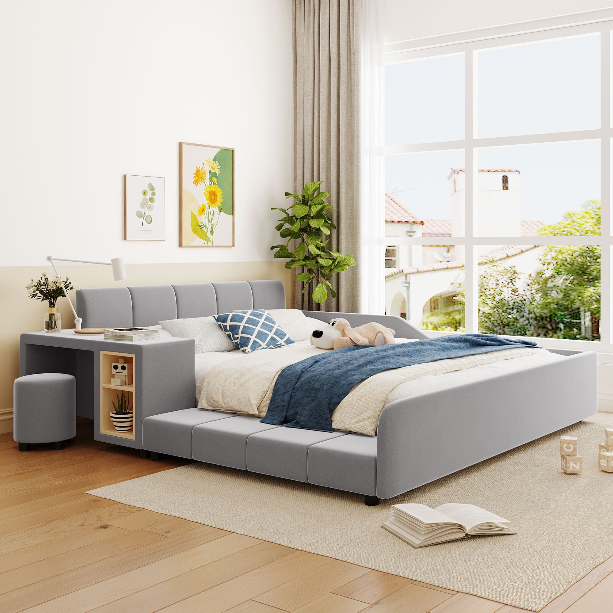 Aukfa Queen Size Velvet Upholstered Mother & Child Bed Frame, Grounded Platform Bed with Bedside Desk & Round Stool, Floor Bed for Kids & Adults Bedroom, Gray