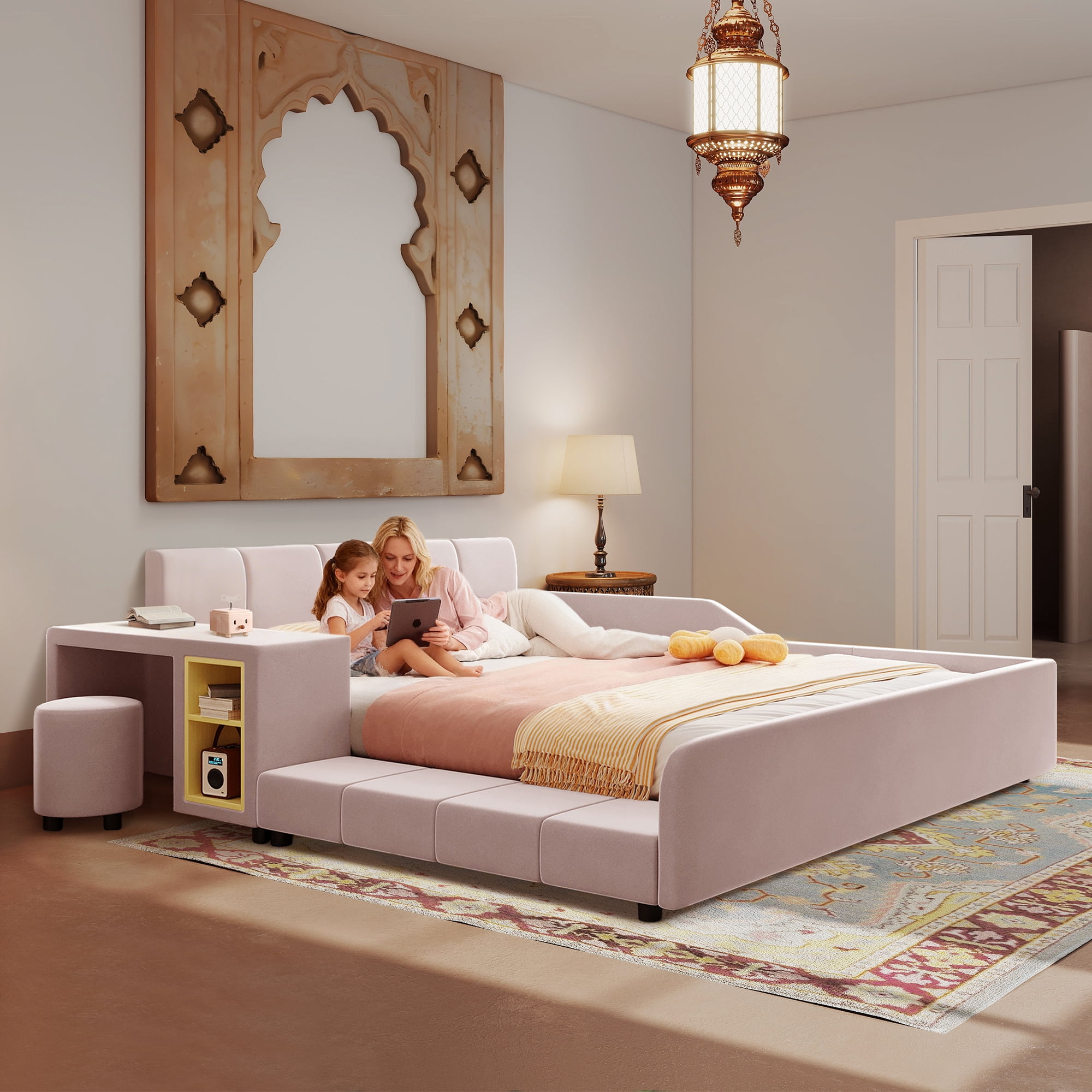 Aukfa Queen Size Velvet Upholstered Mother & Child Bed Frame, Grounded Platform Bed with Bedside Desk & Round Stool, Floor Bed for Kids & Adults Bedroom, Pink