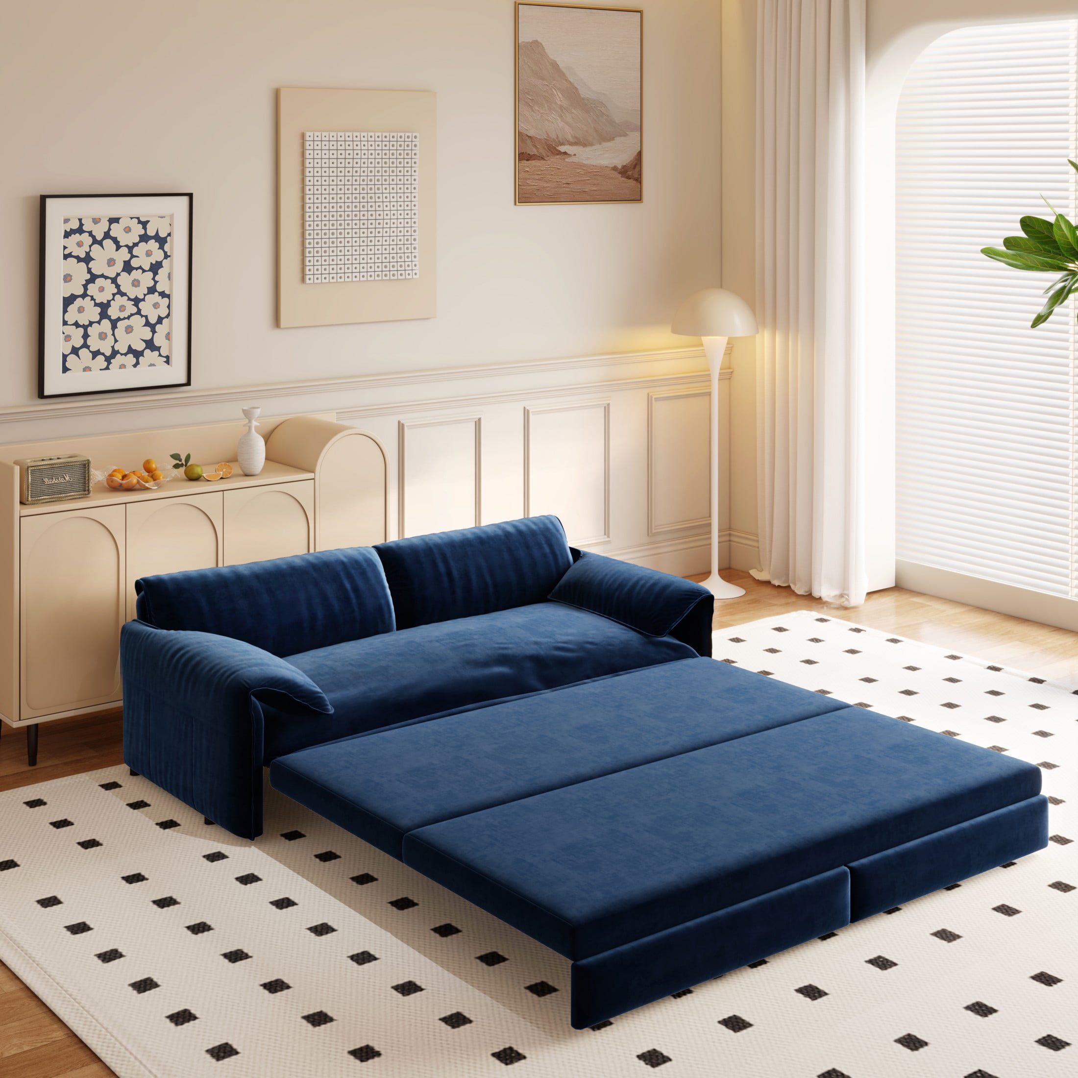 Aukfa Queen Sleeper Sofa Bed, Convertible Loveseat Pull Out Sofa Couch with Pillow Arm/Side Pockets, Blue