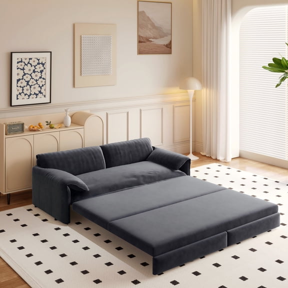 Aukfa Queen Sleeper Sofa Bed, Convertible Loveseat Pull Out Sofa Couch with Pillow Arm/Side Pockets, Gray