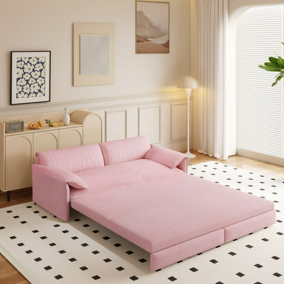 Aukfa Queen Sleeper Sofa Bed, Convertible Loveseat Pull Out Sofa Couch with Pillow Arm/Side Pockets, Pink