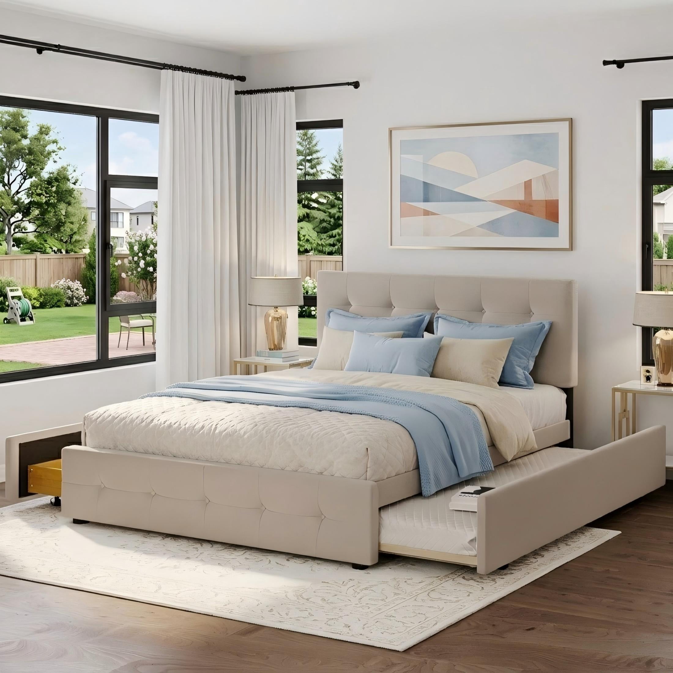 Aukfa Queen Upholstered Platform Bed with Twin XL Trundle and 2 Storage Drawers, Linen Fabric Tufted Headboard & Footboard, Beige