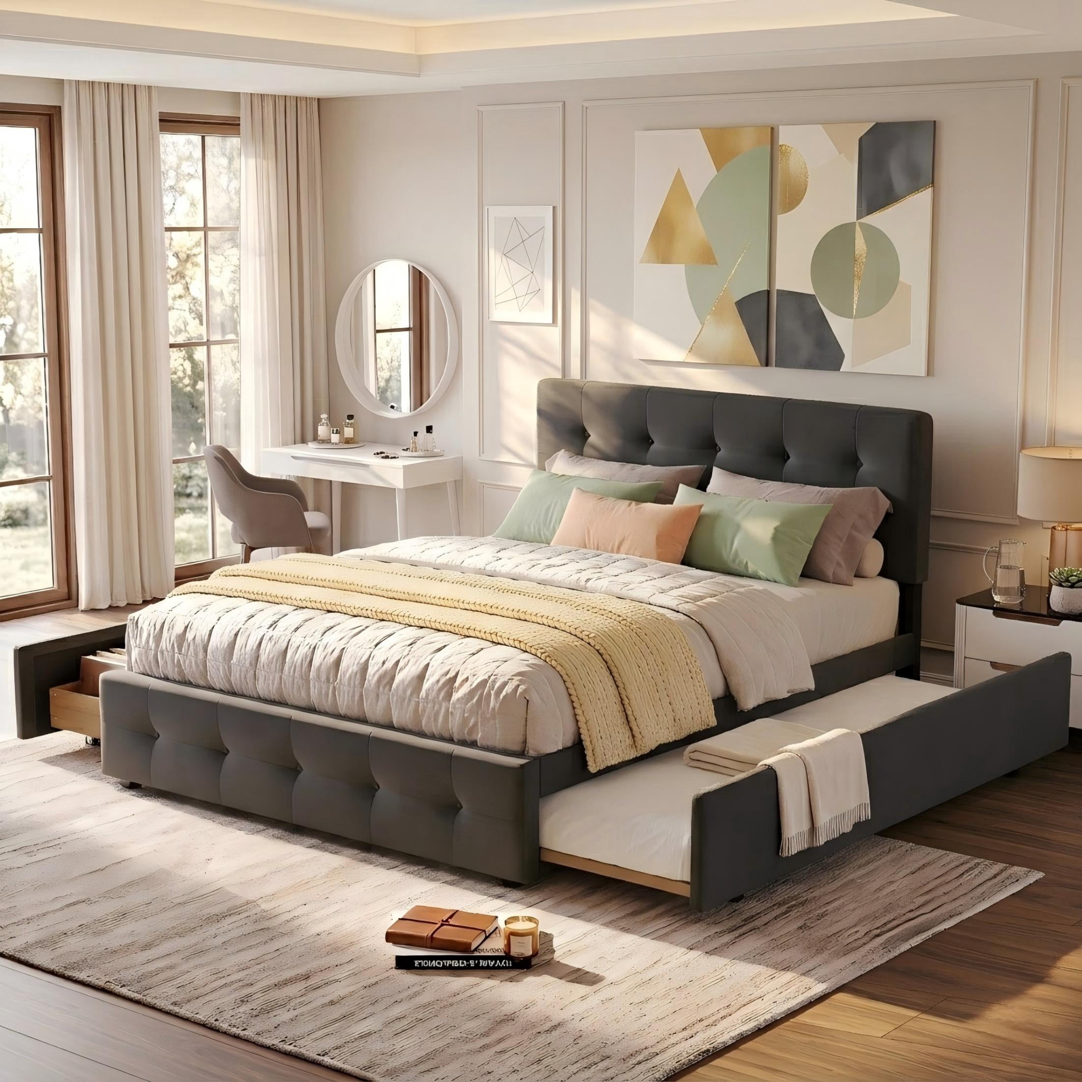 Aukfa Queen Upholstered Platform Bed with Twin XL Trundle and 2 Storage Drawers, Linen Fabric Tufted Headboard & Footboard, Drak Gray