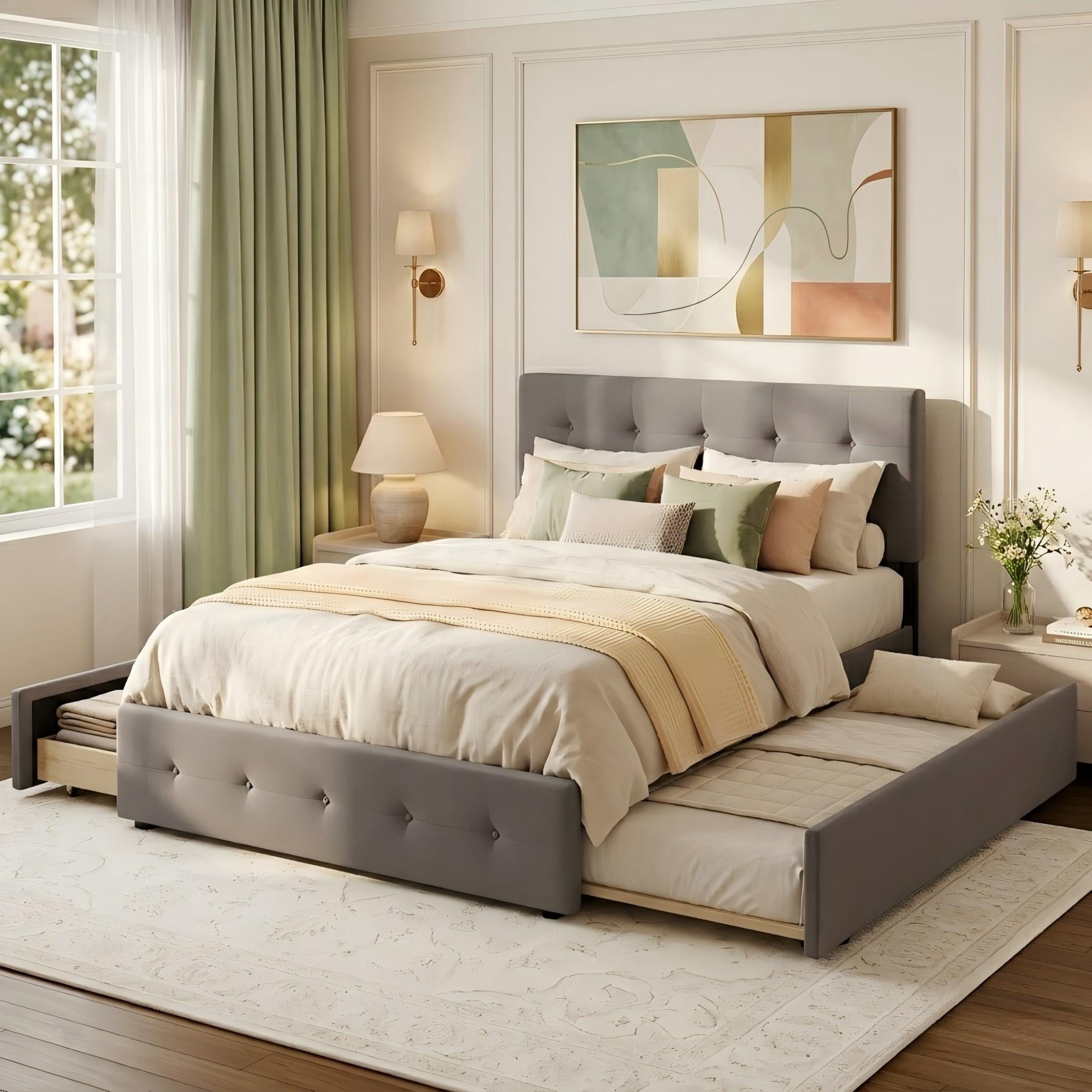Aukfa Queen Upholstered Platform Bed with Twin XL Trundle and 2 Storage Drawers, Linen Fabric Tufted Headboard & Footboard, Gray