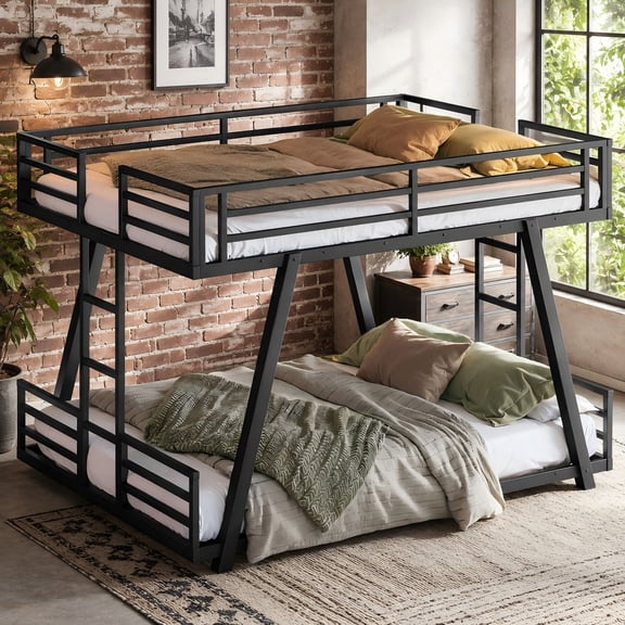 Aukfa Queen over Queen Metal Bunk Bed with Heavy Duty A-Frame Support Design, 2 Side Ladders, Low Profile, Black