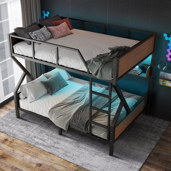 Aukfa Queen over Queen Metal Bunk Bed with Storage Shelves & LED Lights, Heavy-Duty X-shape Frame for Kids & Adults, Black