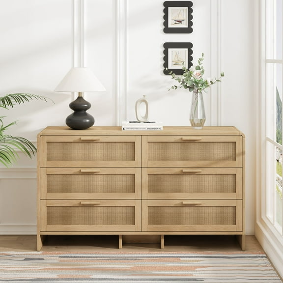 Aukfa Rattan 6 Drawers Dresser,Storage Cabinet for Living Room Bedroom & Kitchen, Natural