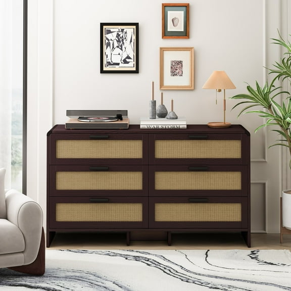 Aukfa Rattan 6 Drawers Dresser,Storage Cabinet for Living Room Bedroom & Kitchen, Reddish Brown
