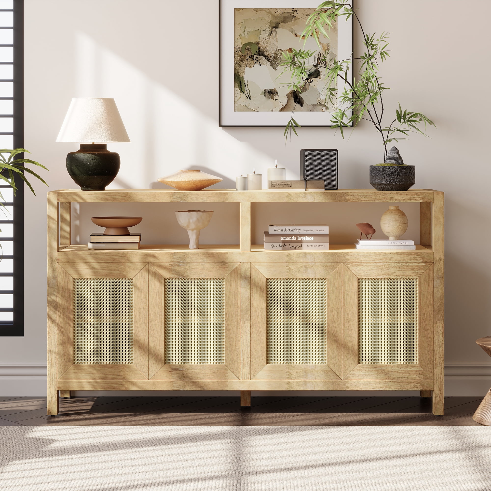 Aukfa Rattan Buffet Storage Cabinet,TV Cabinet for Living Dining Rooms,Bohemian Style,Natural