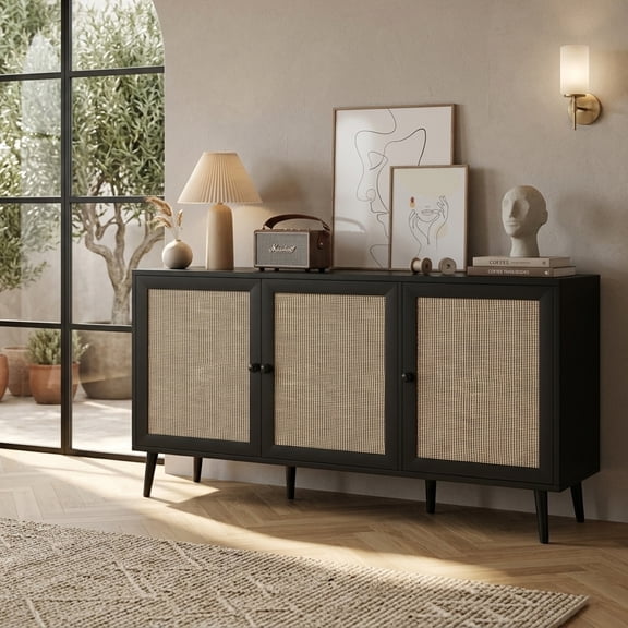 Aukfa Rattan Sideboard Buffet Cabinet,Accent Cabinet with Doors & Shelves for Kitchen, Living Room,Black