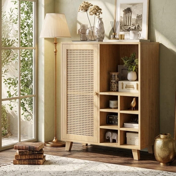 Aukfa Rattan Sideboard Cabinet with Wine Rack, Wooden Buffet Bar Cabinet with Storage for Kitchen, Dining Room,Black