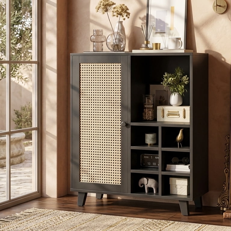 Aukfa Rattan Sideboard Cabinet with Wine Rack, Wooden Buffet Bar Cabinet with Storage for Kitchen, Dining Room,Black