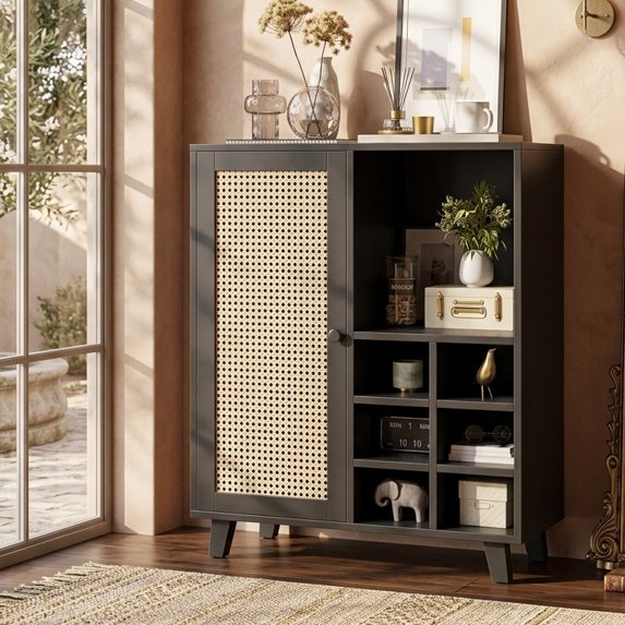 Aukfa Rattan Sideboard Cabinet with Wine Rack, Wooden Buffet Bar Cabinet with Storage for Kitchen, Dining Room,Black
