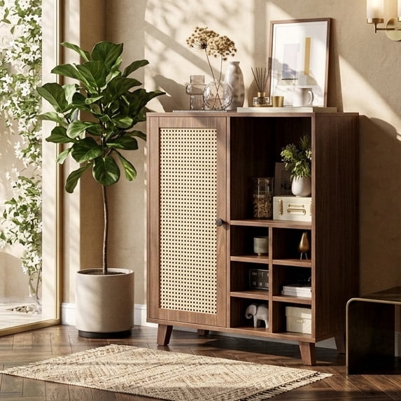 Aukfa Rattan Sideboard Cabinet with Wine Rack, Wooden Buffet Bar Cabinet with Storage for Kitchen, Dining Room,Walnut