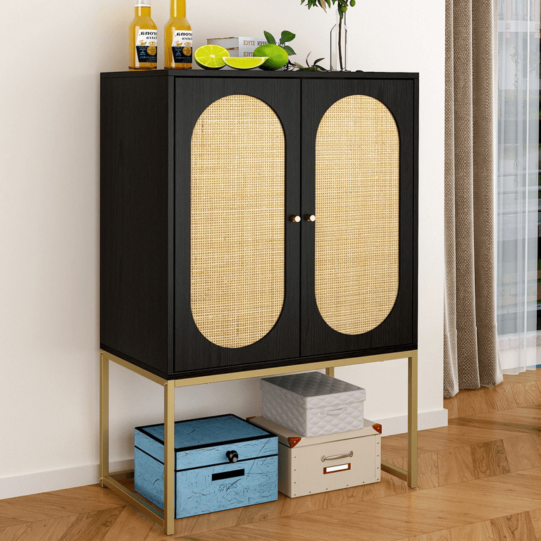 Homfa Storage Cabinet with Rattan Doors, Tall Cabinet Rattan Cabinet with  Drawers, Accent Versatile Cabinet for Living Room, Oak