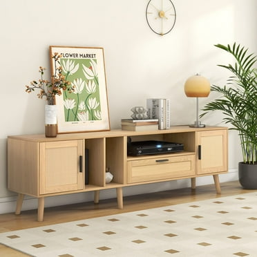 Aukfa Rattan TV Stand for TVs up to 80", Farmhouse Media Console for Living Room Bedroom,Natural