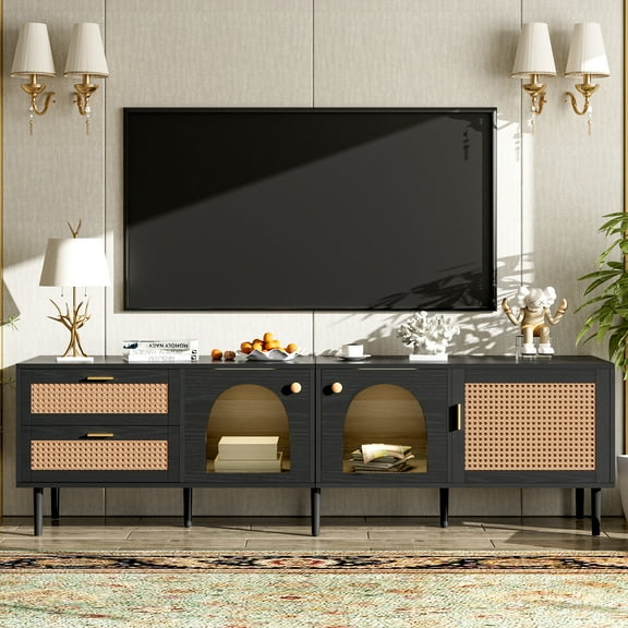 Aukfa Rattan TV Stand for TVs up to 80", LED Media Console,Black