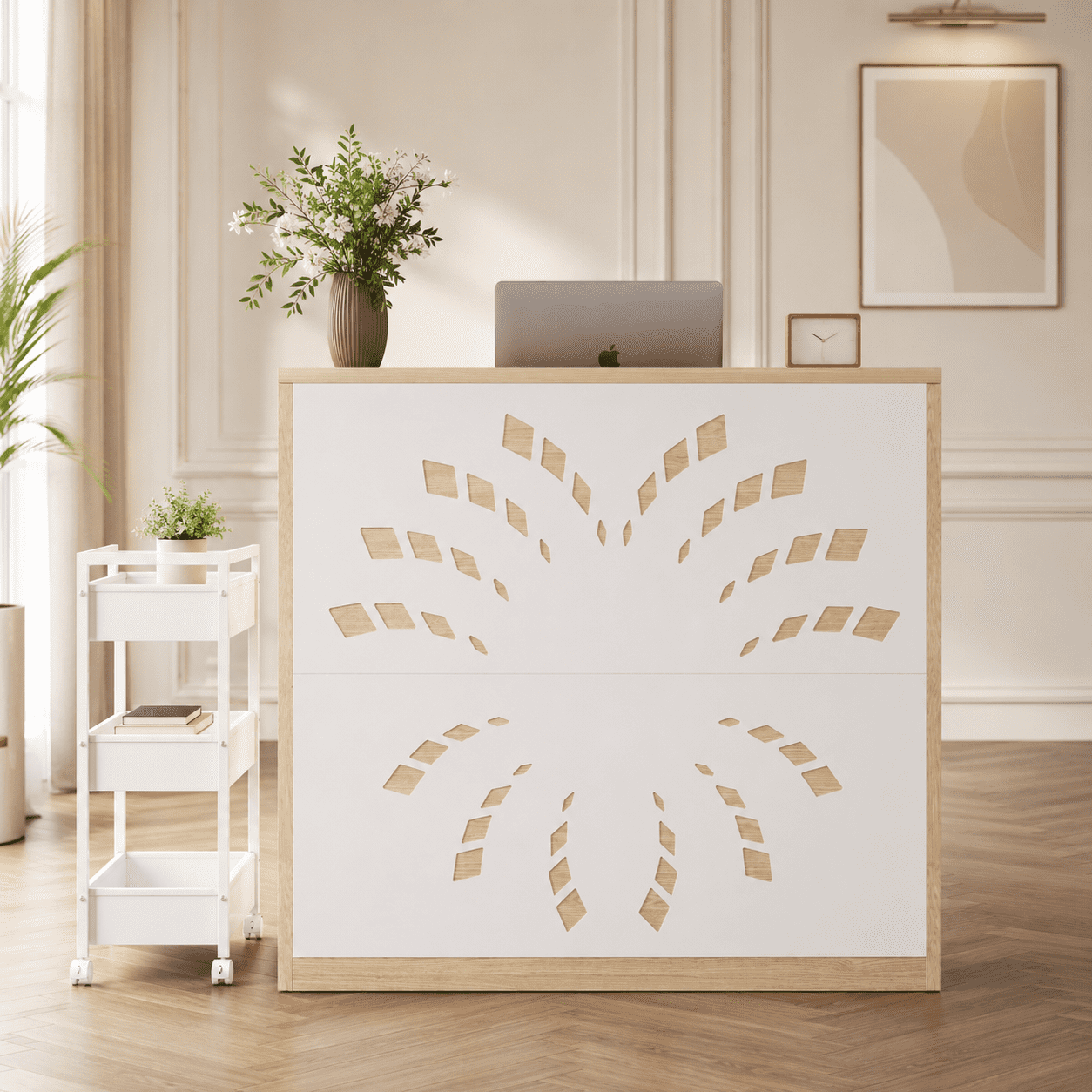 Aukfa Receptionist Desk with Mobile File Cart, Geometric Counter Desk with Power Outlets for Beauty Salon, Clinic & Home Office,Natural