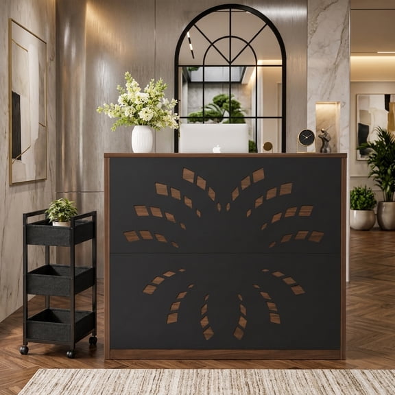 Aukfa Receptionist Desk with Mobile File Cart, Geometric Counter Desk with Power Outlets for Beauty Salon, Clinic & Home Office,Walnut